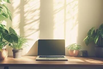 Fototapeta premium Sunny Workspace: Laptop, Plants, and Natural Light