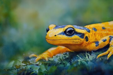 Fototapeta premium Fire salamander portrait, forest moss, nature background, wildlife poster