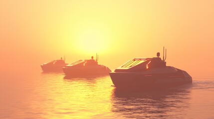 Obraz premium Fleet of Autonomous Patrol Boats Skimming Across Calm Waters at Sunset