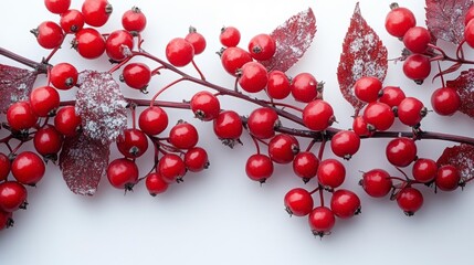 Fresh Red Berries with Snow Dust on White Isolated Surface. Generative AI