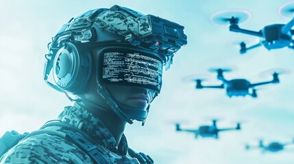 Futuristic Soldier in Advanced Helmet with Flying Drones