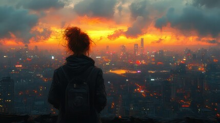 Pensive Man Overlooking Cityscape in Impressionist Style