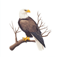 Obraz premium A majestic eagle perched on a tree branch, detailed with natural colors and rendered in a clean vector style.