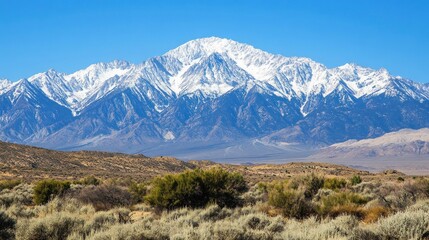 Majestic snowy mountain peak rising over arid landscape under blue sky