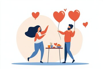 Fototapeta premium Couple Celebrating Together with Red Heart Balloons and Delicious Treats for a Romantic Occasion