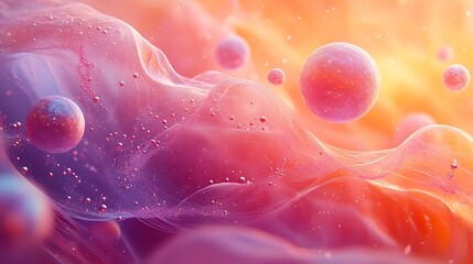 Microscopic-inspired abstract image with minuscule spheres scattered across vibrant rippling textures