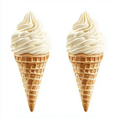 Two ice cream cones with double scoops of soft serve vanilla ice cream, beautifully designed in a vector style with a crispy waffle cone base.