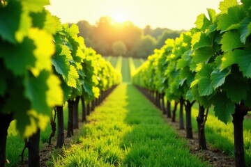 Naklejka premium Golden Hour Vineyard Rows, Lush Green Foliage Bathed in Sunlight, Serene Pastoral Scene