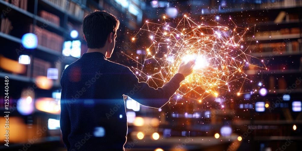Poster young person interacting with digital glowing network connections in library setting, representing t