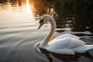 Naklejka premium An image of a white swan swimming in a golden-lit atmosphere.