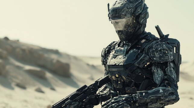 Futuristic Soldier with Reactive Armor in Barren Landscape