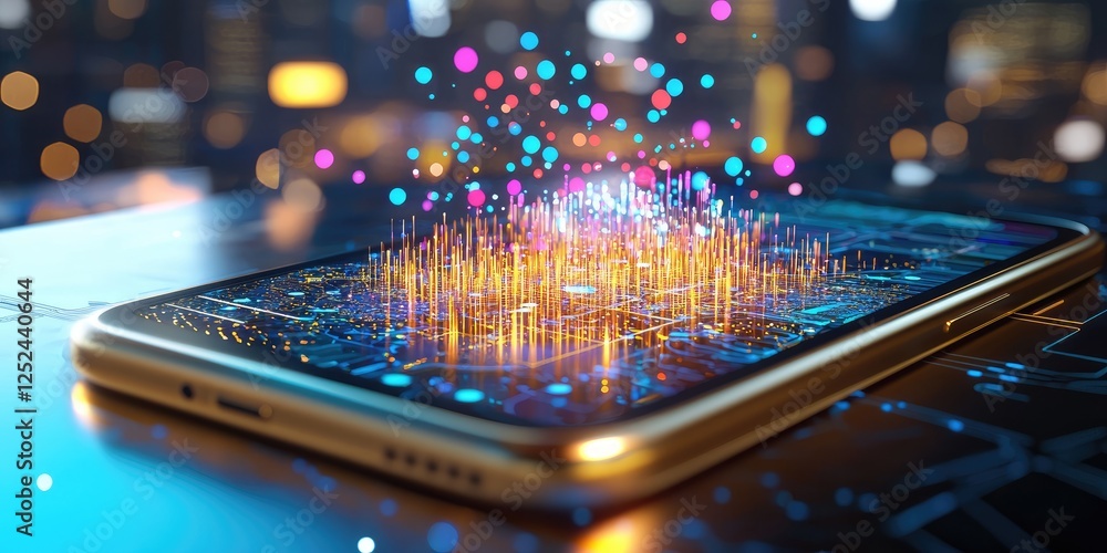 Poster Futuristic Smartphone Display with Colorful Data Visualization and Abstract Technology Elements in a Vibrant Urban Environment at Night