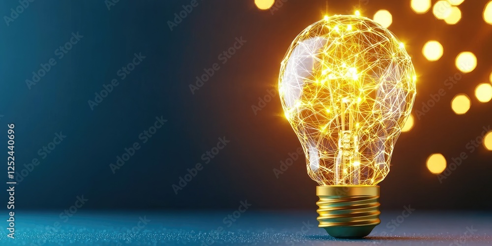 Poster Glowing Light Bulb with Sparkling String Lights Set Against a Soft Blue Background Creating a Magical and Inspirational Atmosphere for Ideas and Creativity