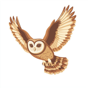 A beautiful vector style design of an owl in flight, showcasing its wingspan and graceful motion with soft, earthy tones.
