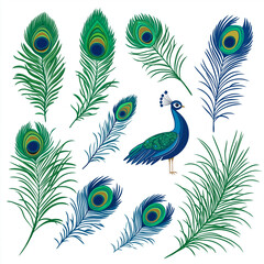 Obraz premium A vibrant vector style design featuring multiple peacock feathers, showcasing the detailed, colorful eye-like patterns of the feathers in rich blues and greens.
