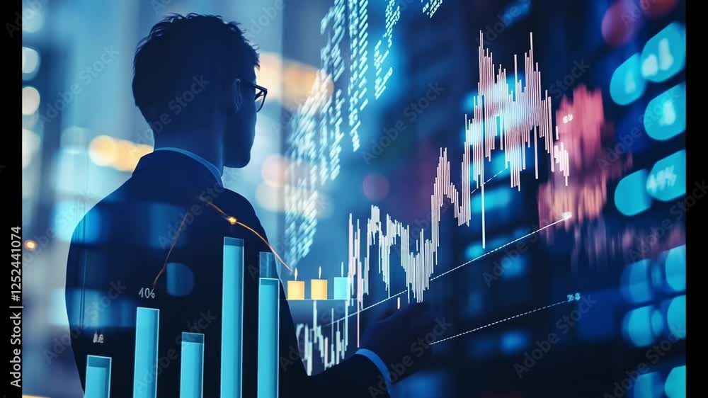 Poster businessman analyzing stock market data with digital technology interface : generative ai