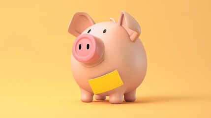 A pink piggy bank with a yellow sticker on a yellow background.