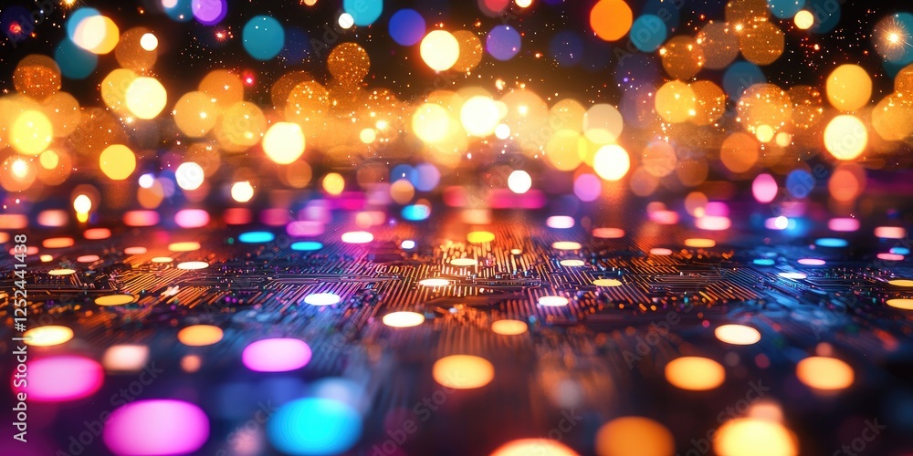 Poster colorful bokeh lights and circuit board abstract background for technology and digital art concepts,