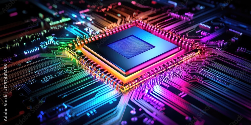 Aufkleber colorful microprocessor on a circuit board featuring bright led lighting, abstract technology backgr