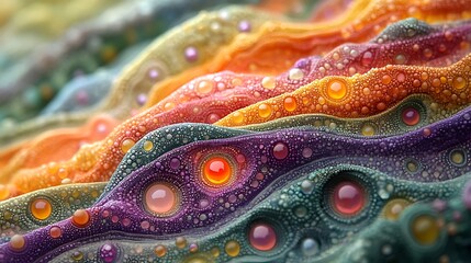 Luminous beads resting on a dynamic textured landscape with a blend of intense colors