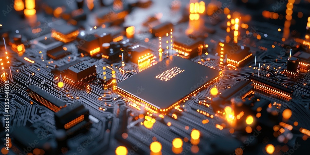 Fototapete Intricate Close-Up View of a Computer Circuit Board with Glowing Components and Complex Wiring for Technology and Innovation Themes