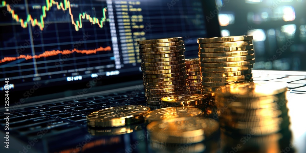 Poster stacks of gold coins with financial charts reflecting economic growth and market trends in digital d