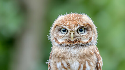 Obraz premium Little owl chick stares directly at the camera against a soft green bokeh background in the forest during daytime.