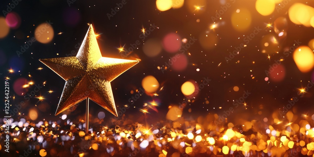 Poster shimmering golden star on sparking background with colorful bokeh lights creating a festive and glam