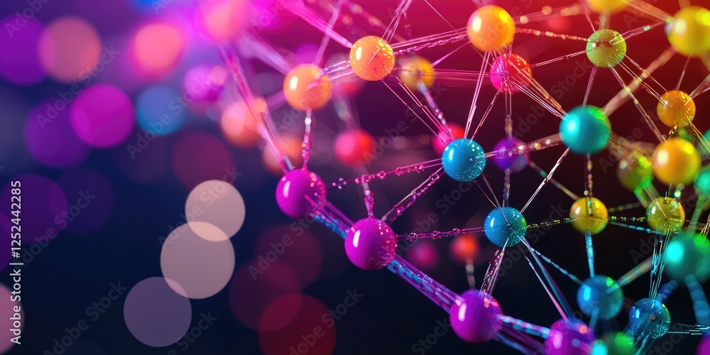 Fototapete Colorful abstract molecular structure with vibrant spheres on connected lines representing scientific concepts and digital connections in a modern setting