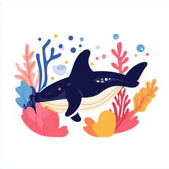 Fototapeta premium A playful vector style illustration of a whale swimming underwater with vibrant coral, sea plants, and colorful fish