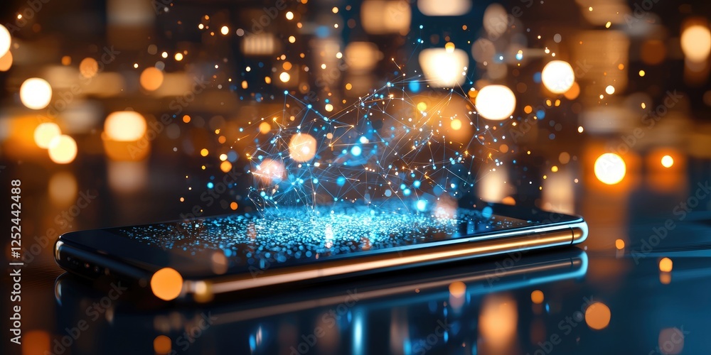Fototapete Futuristic Smartphone Displaying Digital Network Visualization with Glowing Particles and Bokeh Background in a Nighttime Urban Setting