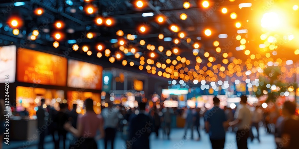 Poster vibrant nighttime event with blurred lights and crowds creating a festive atmosphere in an urban set