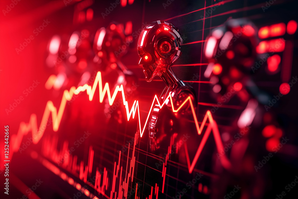 Aufkleber a digital display shows fluctuating data trends with red tones and robotic elements, symbolizing tec