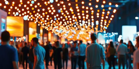 Fototapeta premium Vibrant Crowd of People Walking Through a Festive Event Space Illuminated by String Lights and Bulbs in Warm Tones