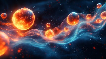 Abstract microscopic-inspired scene featuring glowing orbs on textured waves of vibrant hues