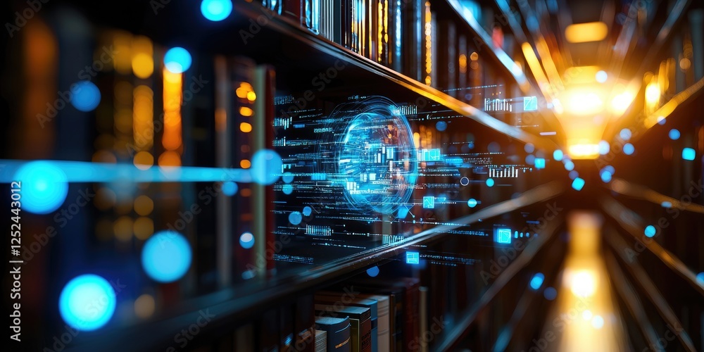 Poster Futuristic Digital Library with Glowing Data Streams and Beam of Light Shining Through Bookshelves in a Modern Conceptual Space