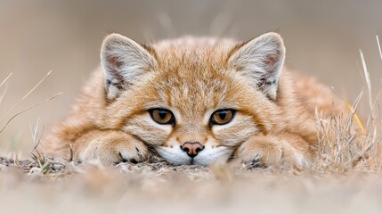 Golden Cat Kitten Resting in Grassy Meadow.  Possible use Stock photo for nature, wildlife, and animals