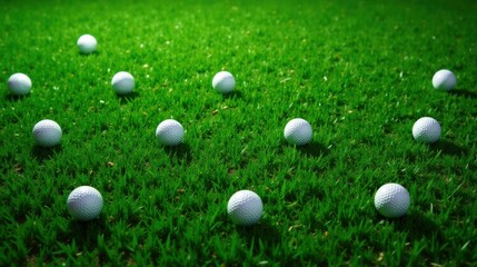 A Scattered Arrangement of Golf Balls Resting on a Lush Green Putting Green