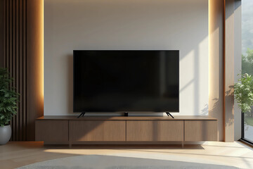 Interior of stylish room with modern TV stand near light wall. Front view.