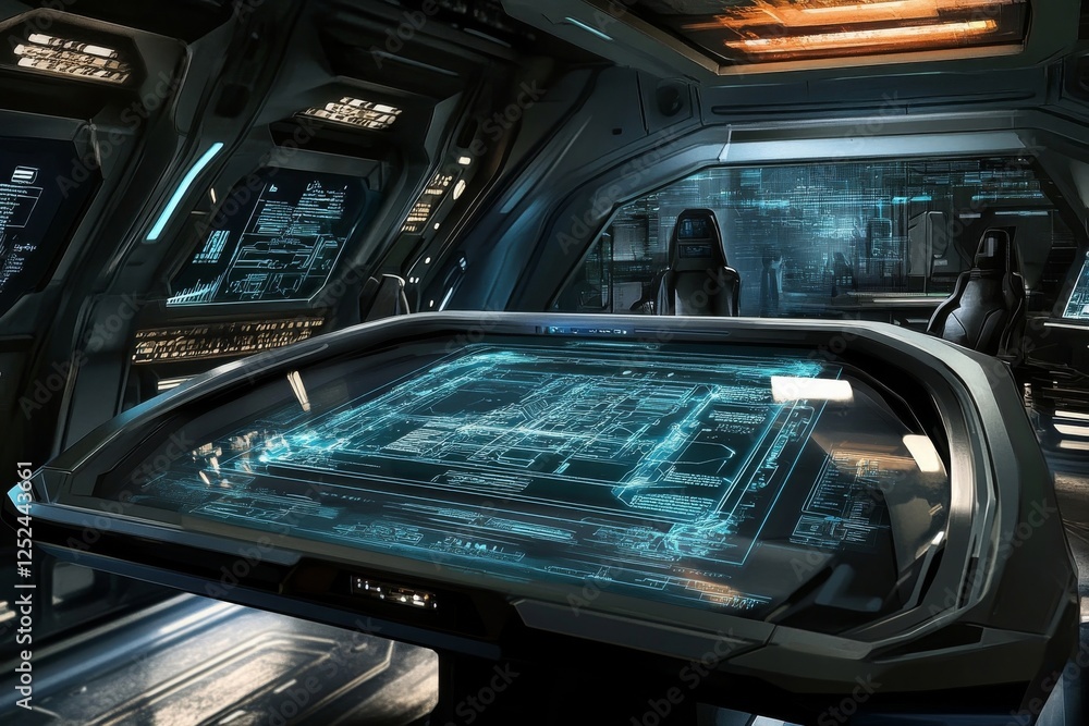 Poster futuristic spaceship bridge command center