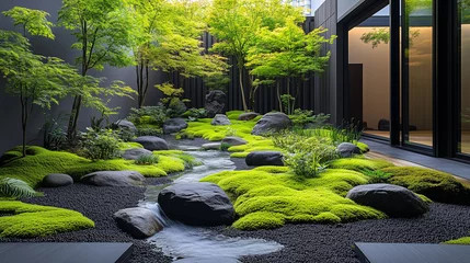 Photo sur Plexiglas A serene Japanese garden landscape featuring lush green moss, smooth stones, and gentle water flow, creating a peaceful outdoor retreat