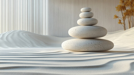 Concentric circles in a Japanese Zen garden symbolize harmony, balance, and mindfulness. The minimalist sandy background evokes meditation, relaxation, and tranquility. Aesthetic and modern beauty.

