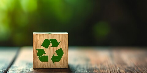 Wooden cube with recycle green  icon and industrial on nature green  background