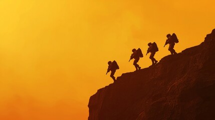 Naklejka premium Soldiers Navigating a Ridge at High Altitude During Sunset