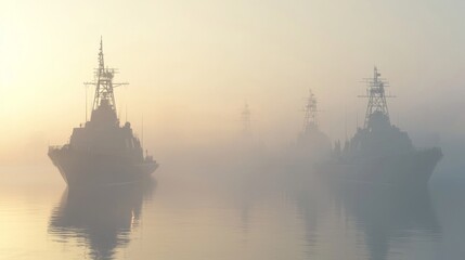 Military Frigates in Harbor Surrounded by Mysterious Fog at Dawn