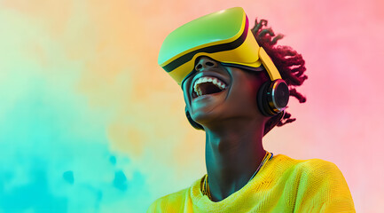 Black boy wearing VR headset using AI artificial intelligence technology & machine learning. Innovation and smart tech.

