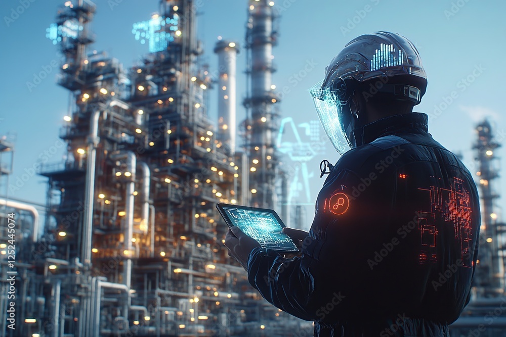 Poster industrial worker uses tablet for smart factory monitoring and control system optimization in futuri