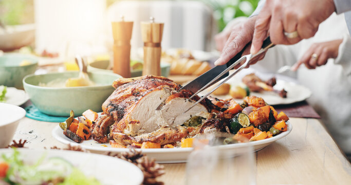 People, hands or cutting turkey with thanksgiving dinner for family meal, lunch or dishing food at home. Closeup, chicken or plate with cuisine for hospitality, get together or eating at dining table