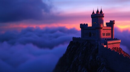 Fototapeta premium Majestic castle sunset cloudscape, fantasy illustration, game design