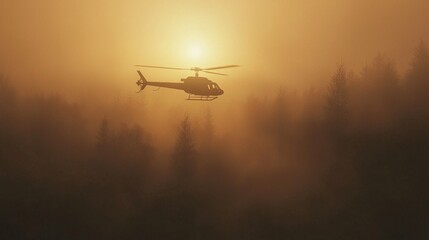 Sunset View of Pilotless Helicopter Flying Over Dense Forest